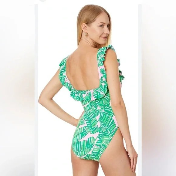 Aemma Ruffle One-Piece Swimsuit in Green & Conch Shell Pink - Picture 3 of 7